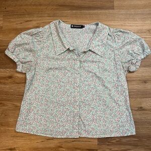 Allegra K Women's Puffy Short Sleeve Floral Button Down Blouse